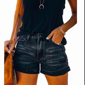 Cuffed Frayed Jean Shorts for Women Mid Rise Distressed Denim